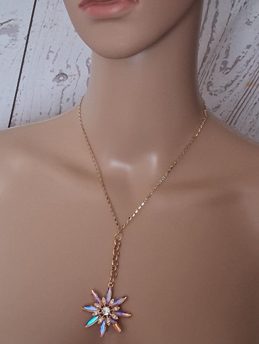 Gold Starburst Pendant Y-Necklace with Iridescent Stones